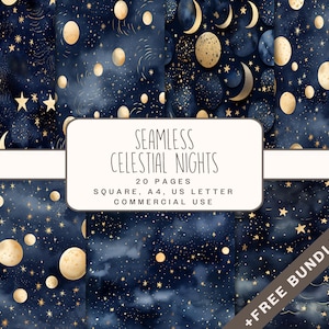 Naadloos digitaal papier Celestial Nights, sterrennachtachtergronden, sterrenstelselpatronen, afdrukbare pagina's voor ongewenste dagboeken