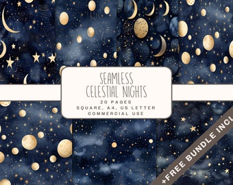 Seamless Celestial Nights Digital Paper, Starry Night Backgrounds, Galaxy Patterns, printable junk journal pages