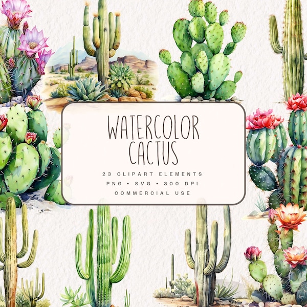 Watercolor Desert Cactus Clipart, Cacti Graphics in PNG and SVG Format, Digital Western Illustrations for Commercial Use