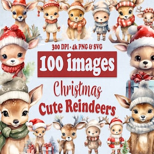 Weihnachten niedlichen Rentier Clipart Bundle, 100 Aquarell Kinder Rentier Clip Art Grafiken in PNG und SVG Format, Winter Geschenk für kommerzielle Nutzung