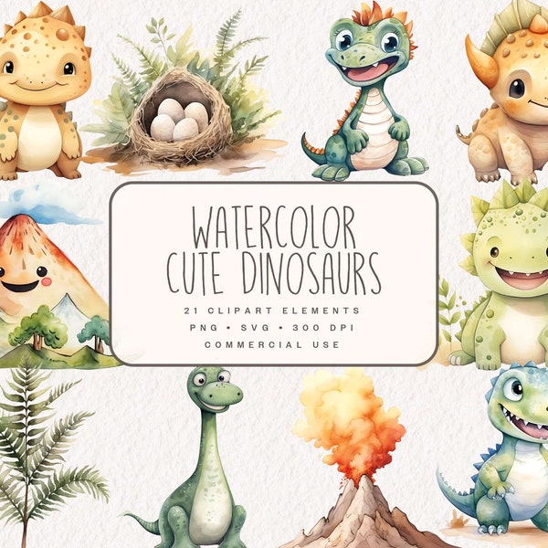 Watercolor Cute Dinosaurs Clipart, Baby Boy Dinosaur Illustrations, Digital Nursery Graphics in PNG and SVG for Baby Shower Party Decor