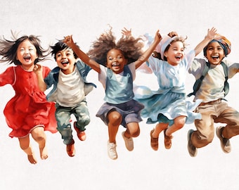 Cartoon kinderen clipart png, schattige kinderen springen van vreugde, gelukkige multinationale kinderen, kinderrij, aquarel kinderen clip art bundel png