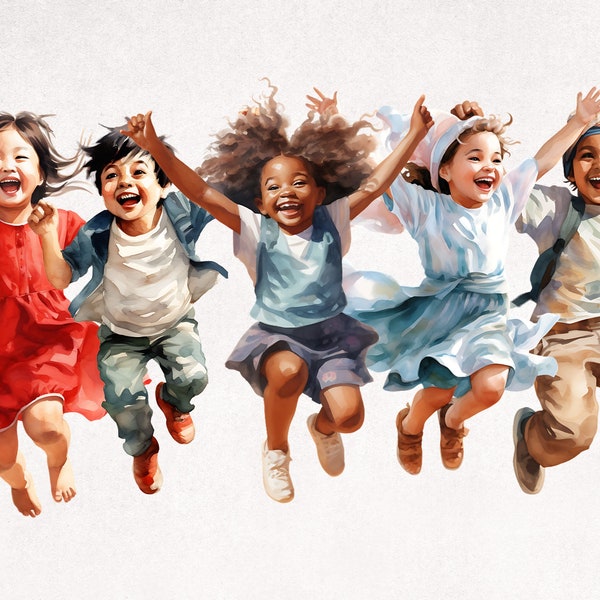 Cartoon kids clipart PNG, Cute children jumping with joy, happy multinational kids, kids row, watercolor children clip art bundle PNG