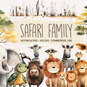 Pacote de clipart de animais Safari, gráficos fofos de arte de berçário contendo leão, girafa, elefante, tigre, búfalo e zebra em formato PNG e SVG