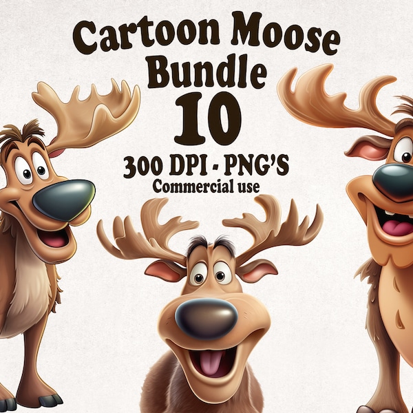 Cute Moose Clipart Bundle, Cartoon Moose clip art Set of 10 High Quality PNGs with Transparent Background, Commercial Use, Instant Download