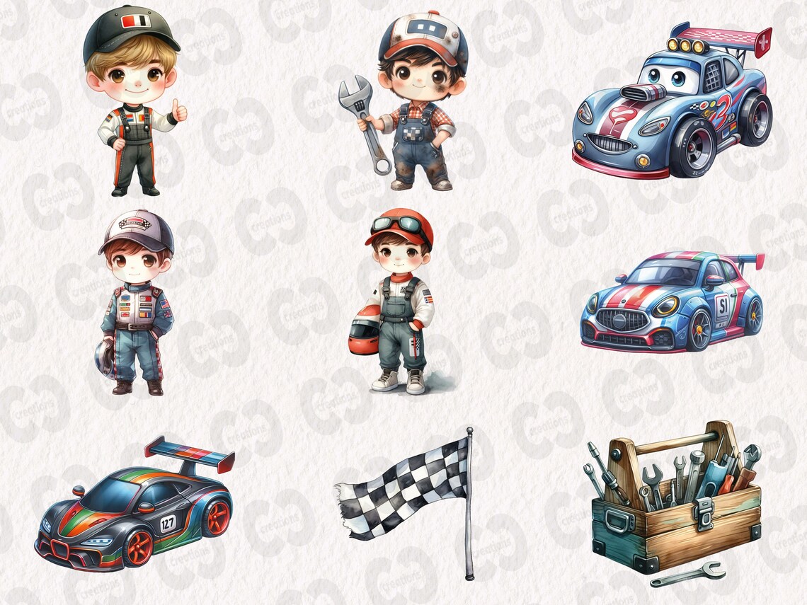 Watercolor Cute Racing Clipart Bundle, Race Car Graphics in PNG and SVG ...