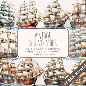 Clipart di navi a vela vintage, grafica a vela vintage in PNG e SVG, illustrazioni digitali di barche a vela per uso commerciale