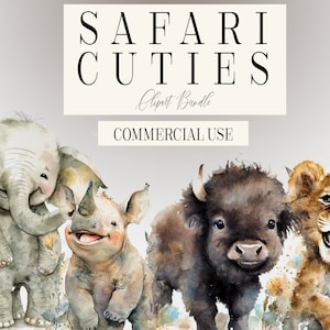 13 Safari Baby Animals Acuarela Clipart, PNGs, Artesanías de papel, Imágenes prediseñadas lindas, Jungle Baby Animals Clipart, uso comercial, clip art de safari