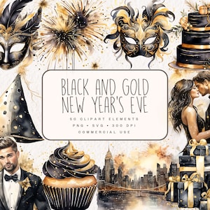 Happy New Year Clipart Bundle, graphismes de fête du Nouvel an noir et or 2024 en PNG et SVG, aliments numériques, illustrations de feux d'artifice