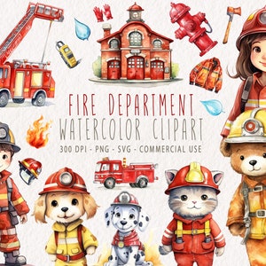 Paquete de imágenes prediseñadas de bombero lindo acuarela, gráficos PNG del departamento de bomberos, estación de bomberos SVG, ilustraciones de vivero de camiones de bomberos