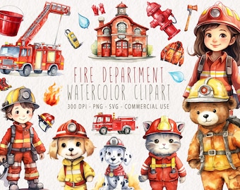 May include: Watercolour clipart set featuring a fire station, fire engine, fire hydrant, firefighter, teddy bear, dog, cat, and other fire-themed elements. The set is perfect for creating invitations, cards, and other crafts.