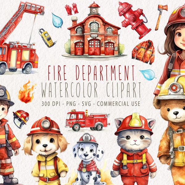 Watercolor Cute Firefighter Clipart Bundle, Fire Department PNG Graphics, Fireman Fire Station SVG, Fire Truck Nursery Illustrations