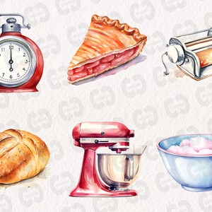 K&ouml;nnte beinhalten: Eine Sammlung von Backutensilien, darunter ein roter K&uuml;chentimer, ein St&uuml;ck Apfelkuchen, eine silberne Nudelmaschine, eine rote K&uuml;chenmaschine, ein Brotlaib und eine blaue Sch&uuml;ssel mit rosa Zuckerguss.