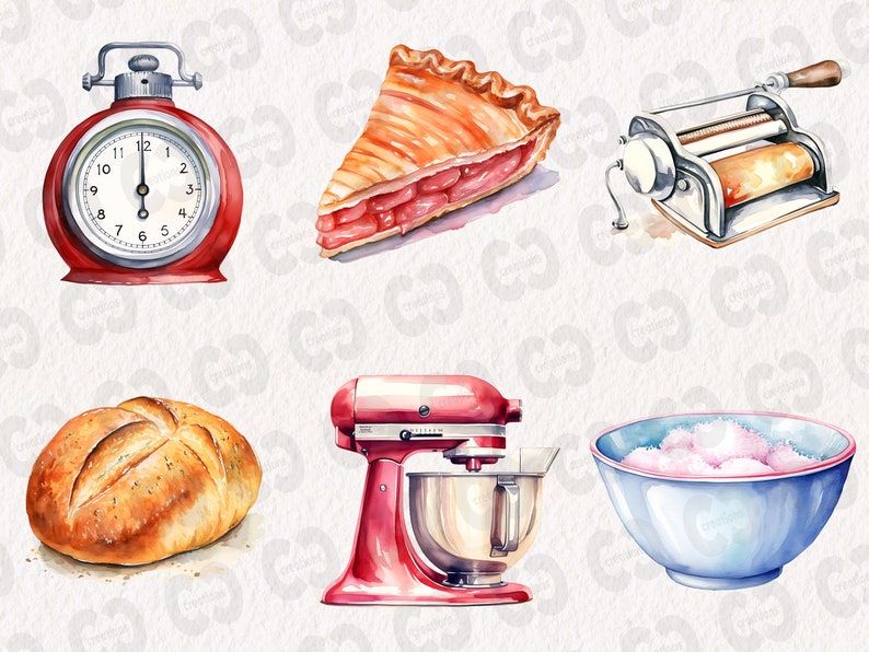 K&ouml;nnte beinhalten: Eine Sammlung von Backutensilien, darunter ein roter K&uuml;chentimer, ein St&uuml;ck Apfelkuchen, eine silberne Nudelmaschine, eine rote K&uuml;chenmaschine, ein Brotlaib und eine blaue Sch&uuml;ssel mit rosa Zuckerguss.