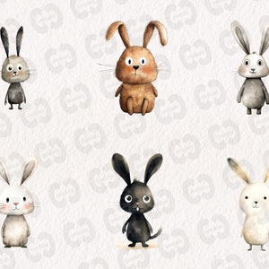 May include: Six watercolour illustrations of cute bunnies with different coloured fur. The bunnies are all facing forward with their ears up and their eyes open. The bunnies are all standing on a white background.