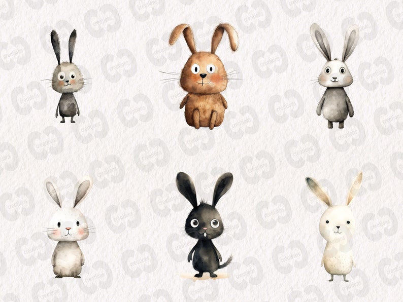 May include: Six watercolour illustrations of cute bunnies with different coloured fur. The bunnies are all facing forward with their ears up and their eyes open. The bunnies are all standing on a white background.