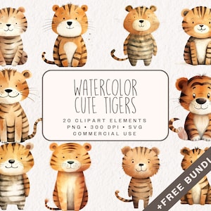 Aquarell süße Tiger Clipart Bundle, Safari Tier Grafiken in PNG und SVG, Dschungel Illustrationen für Kinderzimmer Dekor, kommerzielle Nutzung