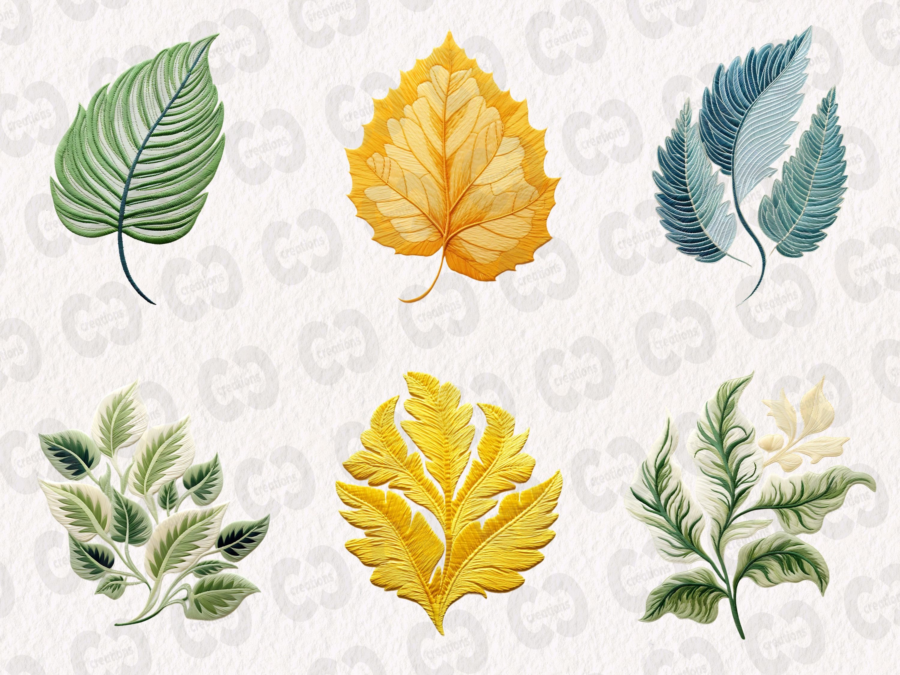 Embroidered Leaves Clipart Bundle, Colorful Cute Embroidery Graphics in ...