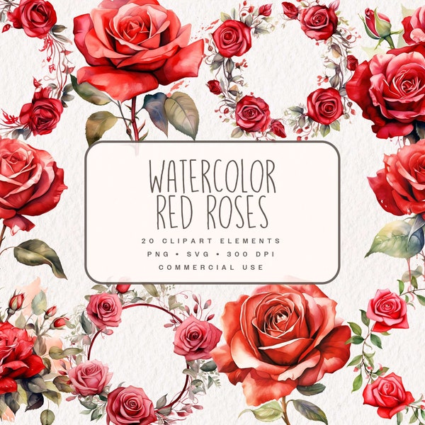 Watercolor Red Roses Clipart Bundle, Valentine Roses & Leaves graphics in PNG and SVG Format Illustrations for Junk Journal Digital Download