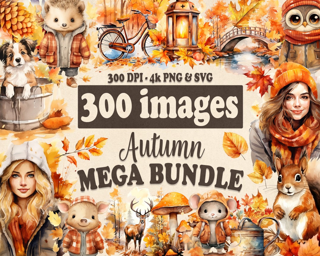 Watercolor Autumn Mega Clipart Bundle, 300 Fall Clip Art Graphics in ...