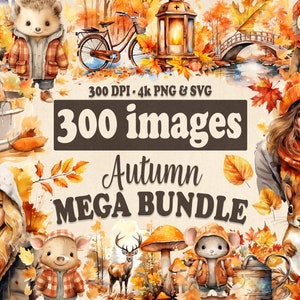 Watercolor Autumn Mega Clipart Bundle, 300 Fall clip art graphics in PNG and SVG, Cute Baby Animals, Fall leaves and trees, commercial use