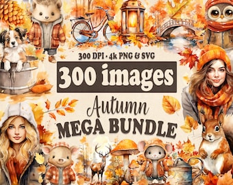 Watercolor Autumn Mega Clipart Bundle, 300 Fall clip art graphics in PNG and SVG, Cute Baby Animals, Fall leaves and trees, commercial use