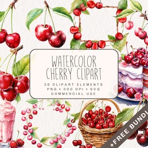 Watercolor Cherry Clipart Bundle, Cute Food Graphics in PNG and SVG, Digital Cherries illustrations for commercial use