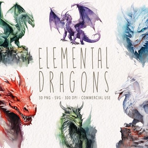 May include: Watercolor illustrations of six different dragons, each representing a different element. The dragons are green, purple, blue, red, white, and green. The text "Elemental Dragons" is written in the center of the image.