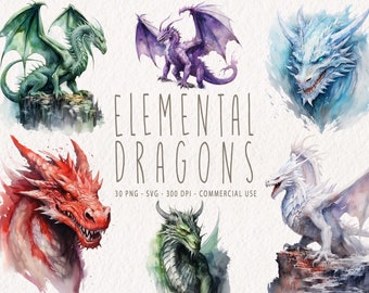 Watercolor Elemental Dragon Clipart, Dragons Graphics PNG, Dragon Clip art, Fantasy Creatures SVG, Mystical Dragon Illustration