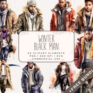 Winter Black Man Clipart, Gráficos de moda de acuarela en PNG y SVG, Ilustraciones de invierno para uso comercial, descarga digital