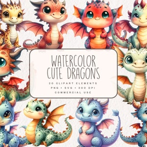Aquarell niedliche Drachen Clipart, Baby Drachen Illustrationen, digitale Tier Fantasy Grafiken in PNG und SVG für Papierarbeiten, kommerzielle Nutzung