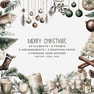 Merry Christmas-clipartbundel, aquarel gezellige kerstversieringen, lijst, krans, arrangementen en kant-en-klare kaartontwerpen, png en SVG, boho