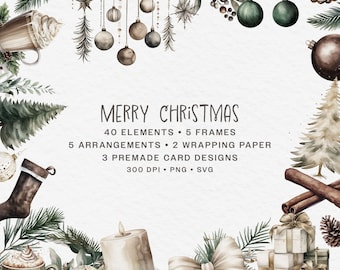 Merry Christmas Clipart Bundle, Watercolor Cozy Christmas Ornaments, Frame, Wreath, Arrangaments and Premade Card Designs, PNG and SVG, Boho