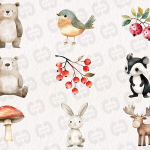 May include: A set of nine watercolor illustrations featuring woodland animals, a bird, a mushroom, and a branch with red berries. The animals include a bear, a rabbit, a squirrel, and a moose.