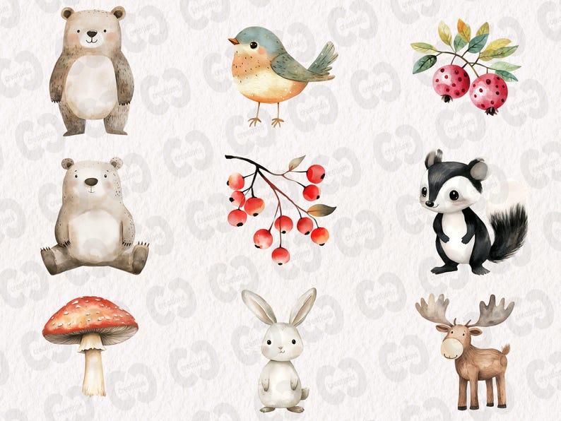 May include: A set of nine watercolor illustrations featuring woodland animals, a bird, a mushroom, and a branch with red berries. The animals include a bear, a rabbit, a squirrel, and a moose.