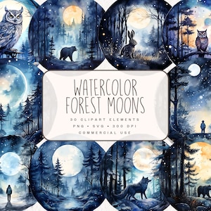 Aquarel bos manen clipart, Fantasy Woodland Graphics in PNG en SVG, mystieke volle maan illustraties in nachtlandschap