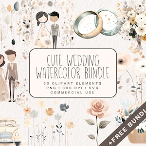Pacchetto di clipart di matrimonio carino, grafica di matrimonio ad acquerello pastello PNG e SVG, illustrazioni di sposa e sposo per uso commerciale