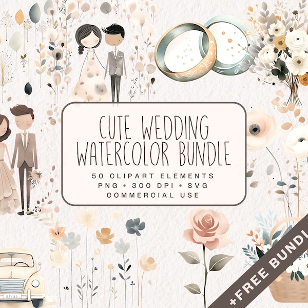 Cute Wedding Clipart Bundle, Pastel Watercolor Marriage Graphics PNG & SVG, Bride and Groom Illustrations for Commercial use