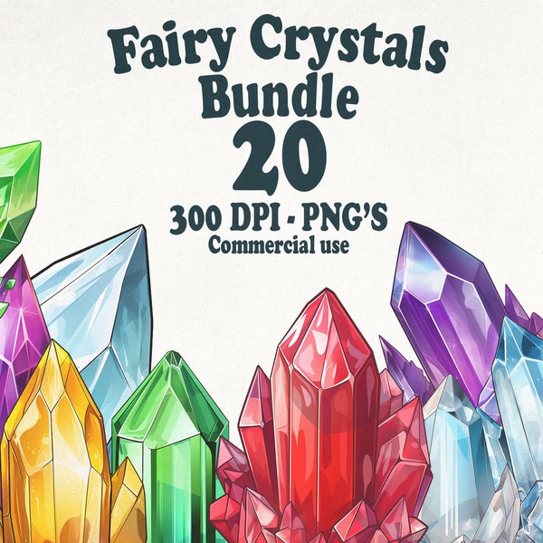 Watercolor Fairy Crystals Clipart, 20 colorful magic watercolor crystal clip art in PNG format for commercial use and instant download