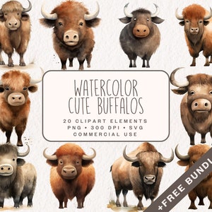 Acuarela lindo búfalo clipart, lindos gráficos de bisonte en PNG y SVG, decoración de guardería Safari, ilustraciones de baby shower para uso comercial