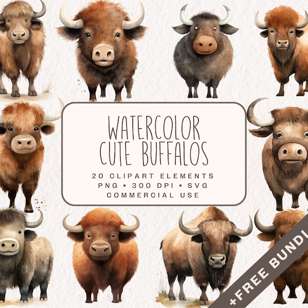 Watercolor Cute Buffalo Clipart, Cute Bison Graphics in PNG and SVG, Safari Nursery Decor, Baby Shower Illustrations for Commercial Use