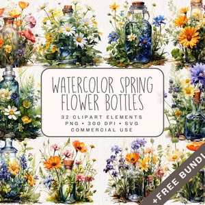 Watercolor Spring Flower Bottles Clipart, Floral Illustration SVG, Spring Graphics in PNG Format for commercial use