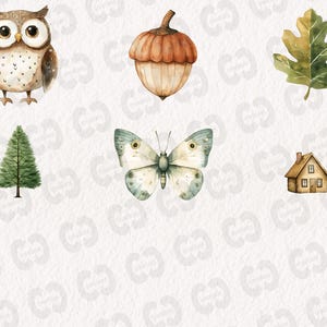 May include: A set of watercolor illustrations featuring a brown owl, a green tree, a white butterfly, a brown acorn, a green leaf, and a small brown house.