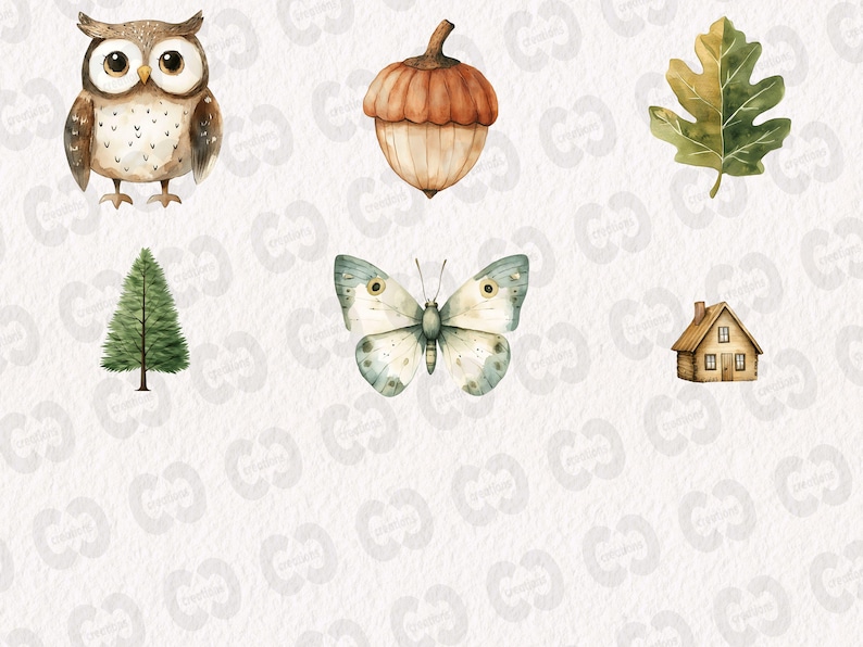 May include: A set of watercolor illustrations featuring a brown owl, a green tree, a white butterfly, a brown acorn, a green leaf, and a small brown house.