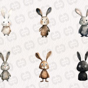 May include: Six watercolour illustrations of bunnies in different colours. The bunnies are all standing upright with their ears perked up. The colours of the bunnies are white, brown, grey, and black.