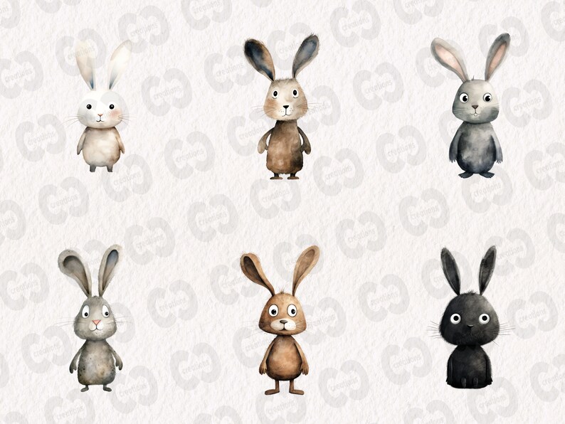 May include: Six watercolour illustrations of bunnies in different colours. The bunnies are all standing upright with their ears perked up. The colours of the bunnies are white, brown, grey, and black.