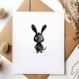 May include: A black rabbit with large eyes and a small tail stands on a white background. The rabbit is drawn in a cartoon style with a watercolour effect.
