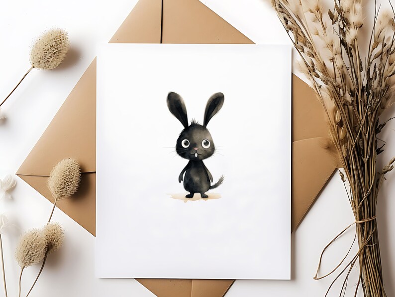 May include: A black rabbit with large eyes and a small tail stands on a white background. The rabbit is drawn in a cartoon style with a watercolour effect.