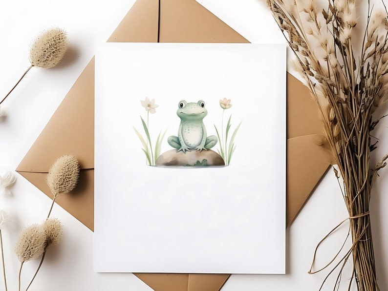 Watercolor Cute Frogs Clipart, Happy Frog Graphics in PNG and SVG, Digital Nature Illustrations for commercial use image 8