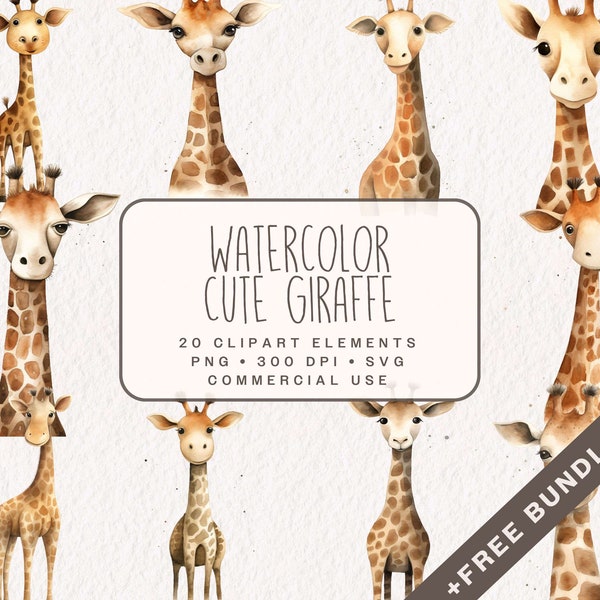Watercolor Cute Giraffe Clipart Bundle, Jungle Graphics in PNG and SVG, Nursery Safari Animals for Baby Shower, Commercial use